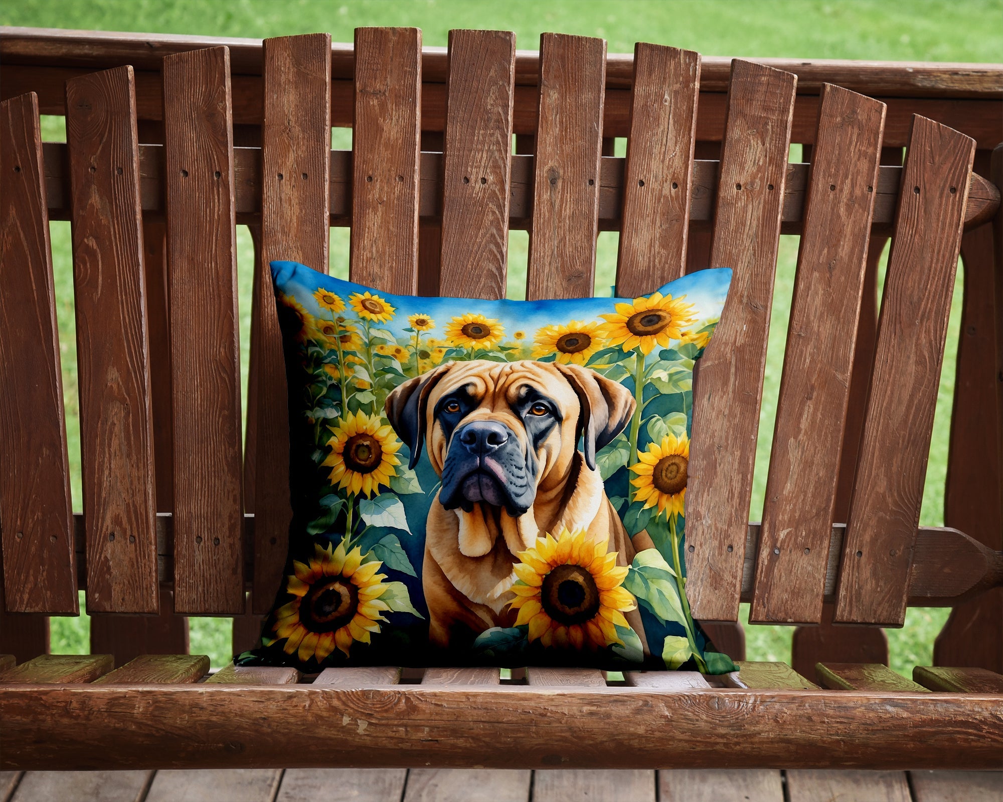 Mastiff in Sunflowers Decorative Throw Pillow 14x14 Indoor Outdoor Accent Cushion, Fabric Cover with Insert for Sofa, Bed, Porch & Living Room