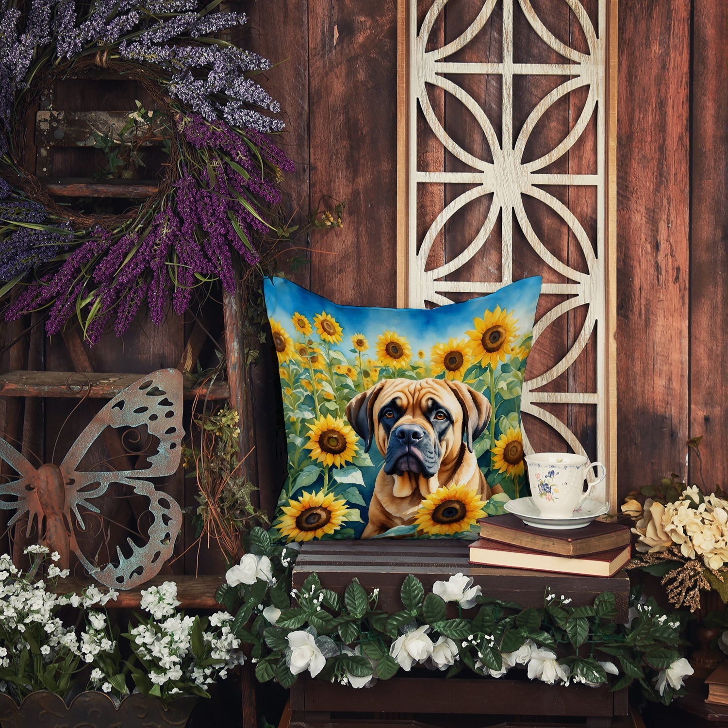 Mastiff in Sunflowers Decorative Throw Pillow 14x14 Indoor Outdoor Accent Cushion, Fabric Cover with Insert for Sofa, Bed, Porch & Living Room