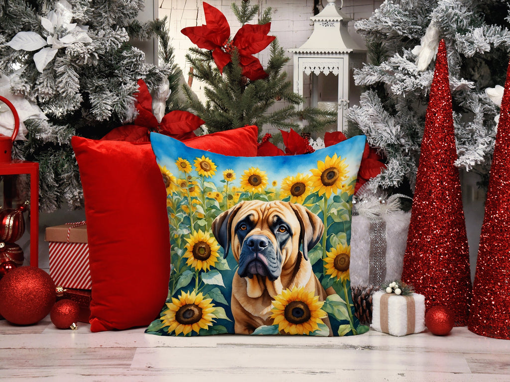 Mastiff in Sunflowers Decorative Throw Pillow 14x14 Indoor Outdoor Accent Cushion, Fabric Cover with Insert for Sofa, Bed, Porch & Living Room