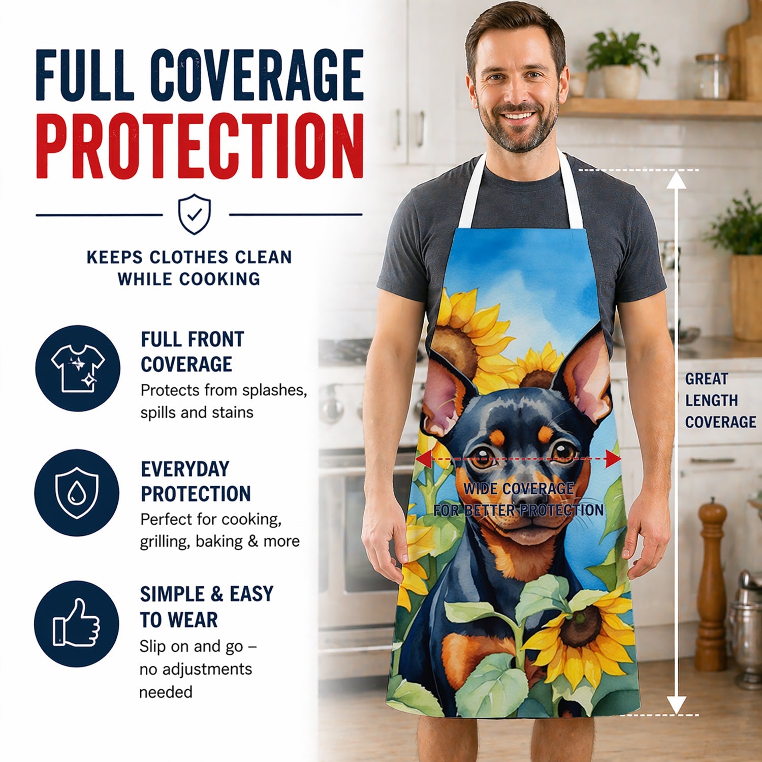 Miniature Pinscher in Sunflowers Apron Cooking Kitchen Server Baking Crafts Gardening for Adult Women Men, Unisex, Large, Multicolor