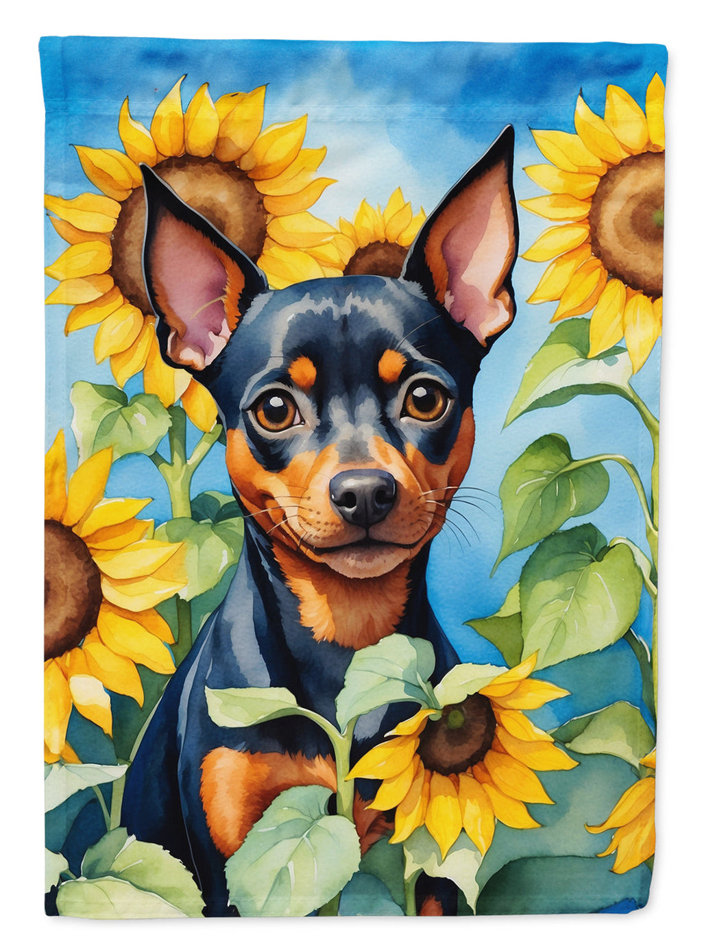 Miniature Pinscher in Sunflowers House Flag 28x40 Porch Sleeve Pole Decorative Outside Yard Banner Artwork Wall Hanging, Polyester