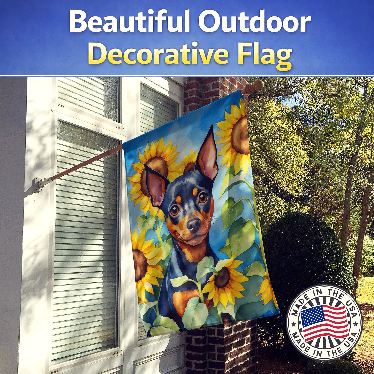 Miniature Pinscher in Sunflowers House Flag 28x40 Porch Sleeve Pole Decorative Outside Yard Banner Artwork Wall Hanging, Polyester