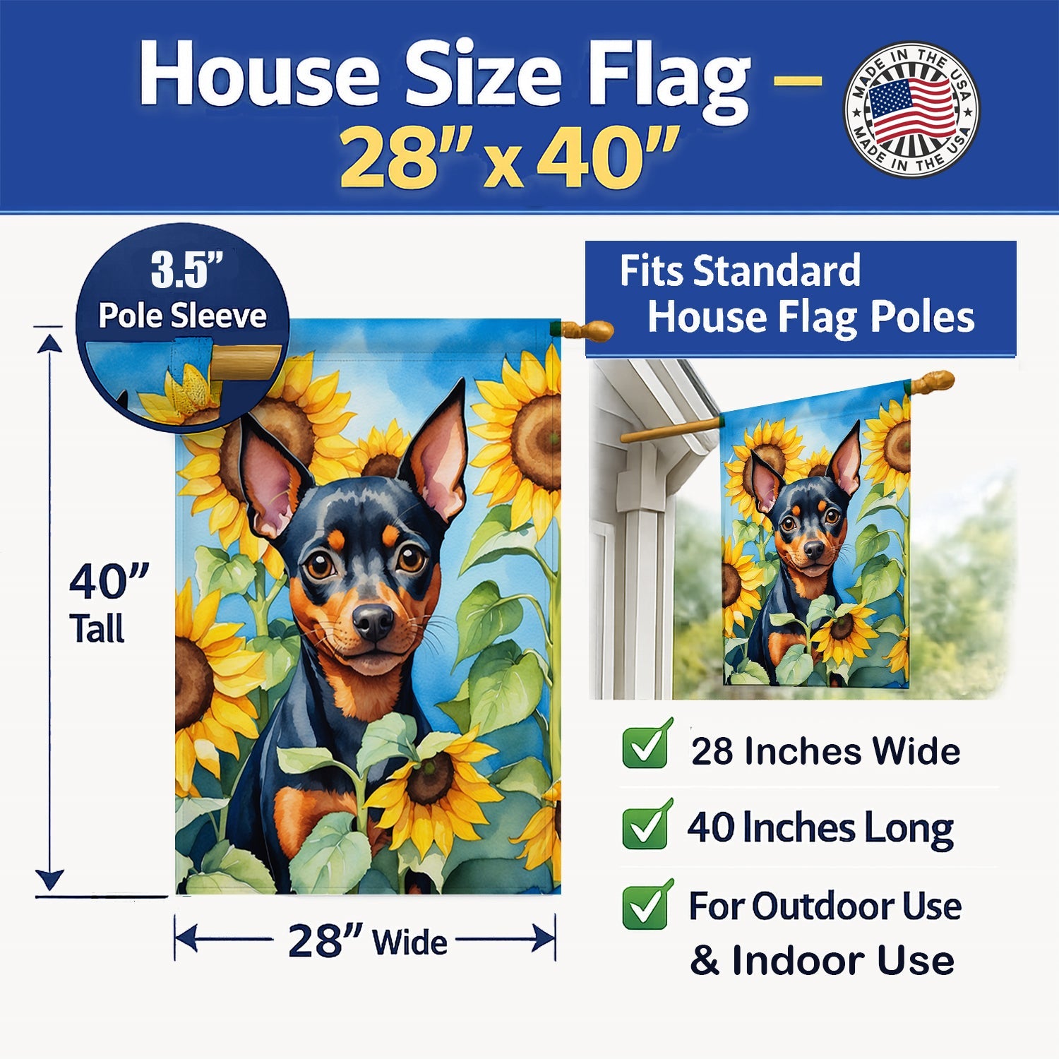 Miniature Pinscher in Sunflowers House Flag 28x40 Porch Sleeve Pole Decorative Outside Yard Banner Artwork Wall Hanging, Polyester