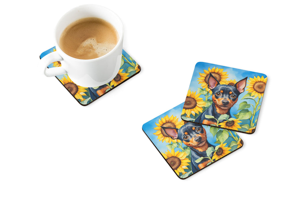 Miniature Pinscher in Sunflowers Foam Coasters Set of 4 Cup Coasters for Indoor Outdoor, Tabletop Protection, Anti Slip, Mouse pad Material