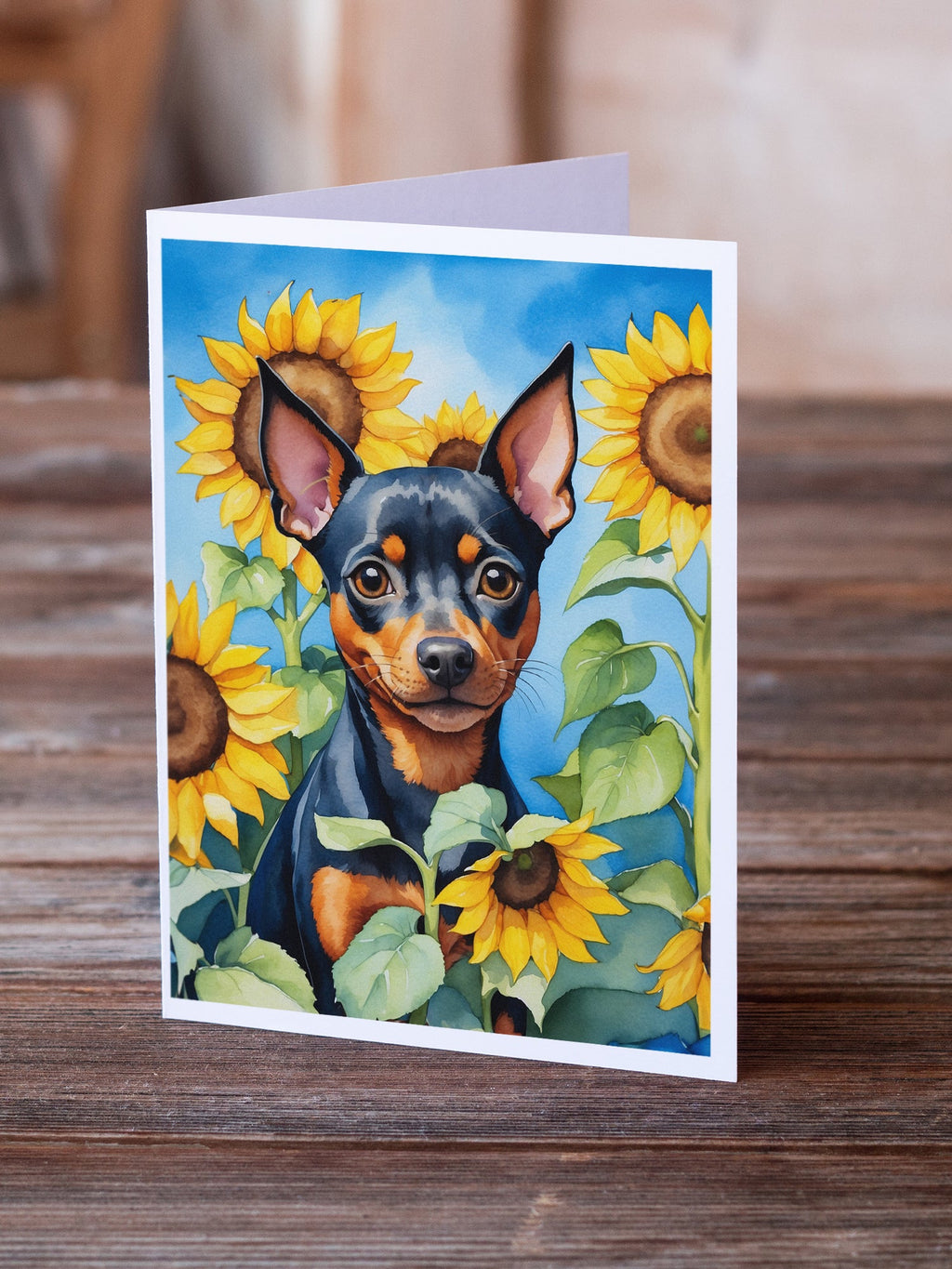 Miniature Pinscher in Sunflowers Greeting Cards Pack of 8 Blank Cards with Envelopes Whimsical A7 Size 5x7