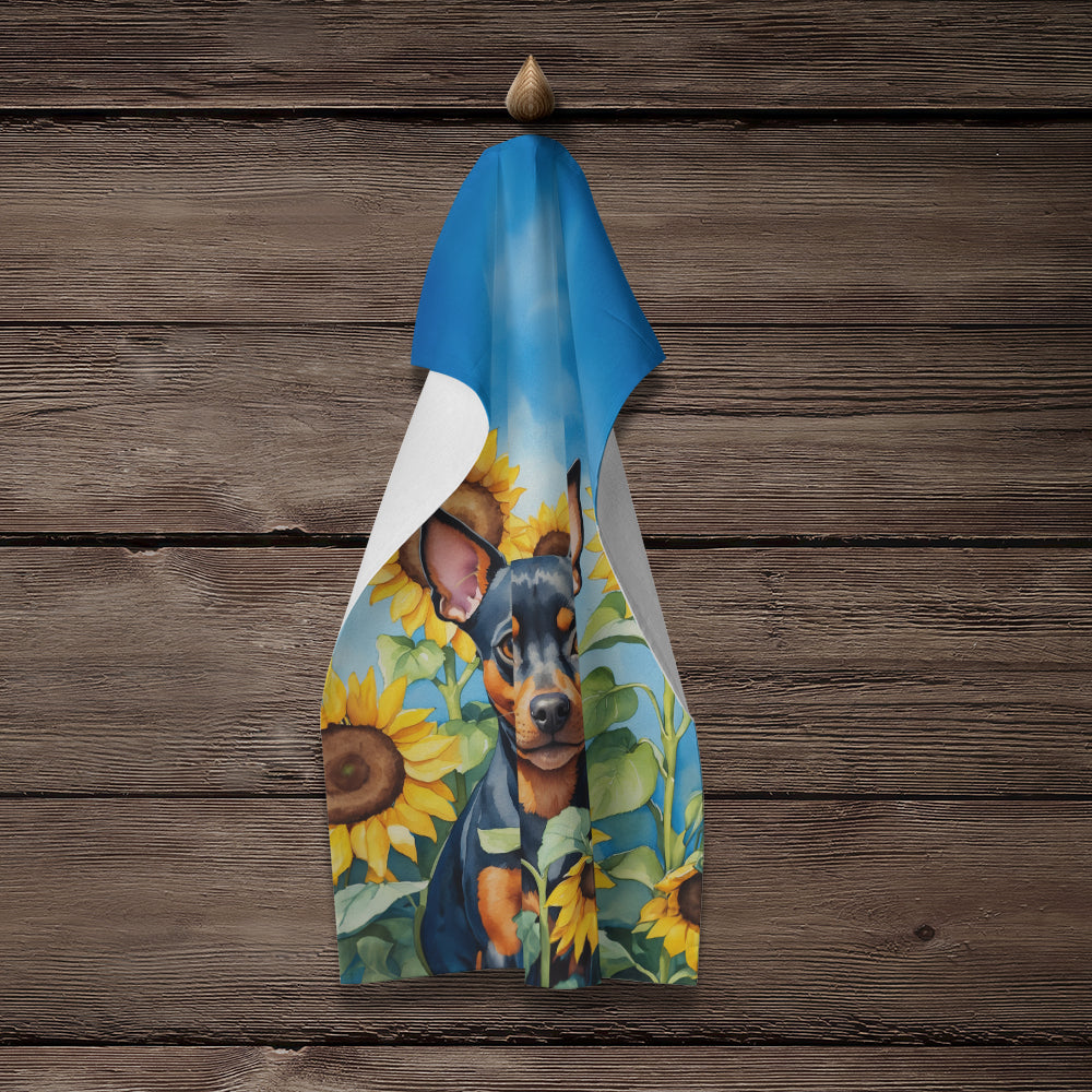 Miniature Pinscher in Sunflowers Kitchen Towel Velour Plush Front and Cotton Loop Back Machine Washable