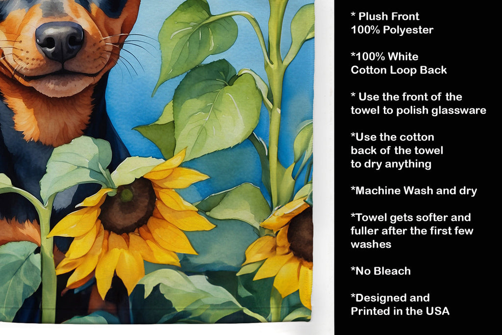 Miniature Pinscher in Sunflowers Kitchen Towel Velour Plush Front and Cotton Loop Back Machine Washable