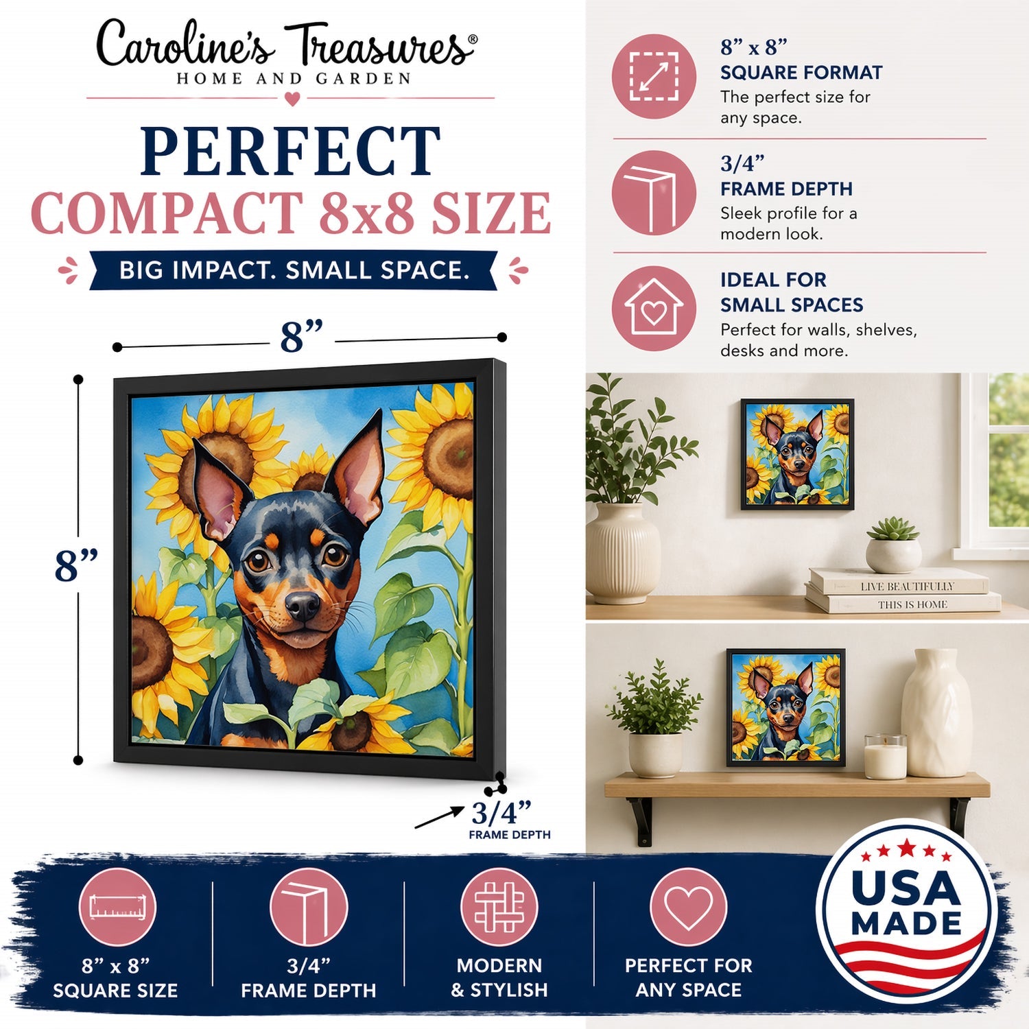 Miniature Pinscher in Sunflowers Framed Metal Print Bathroom, Kitchen, Office, Home Decor Wall Art Ready to Hang, Square, 8X8