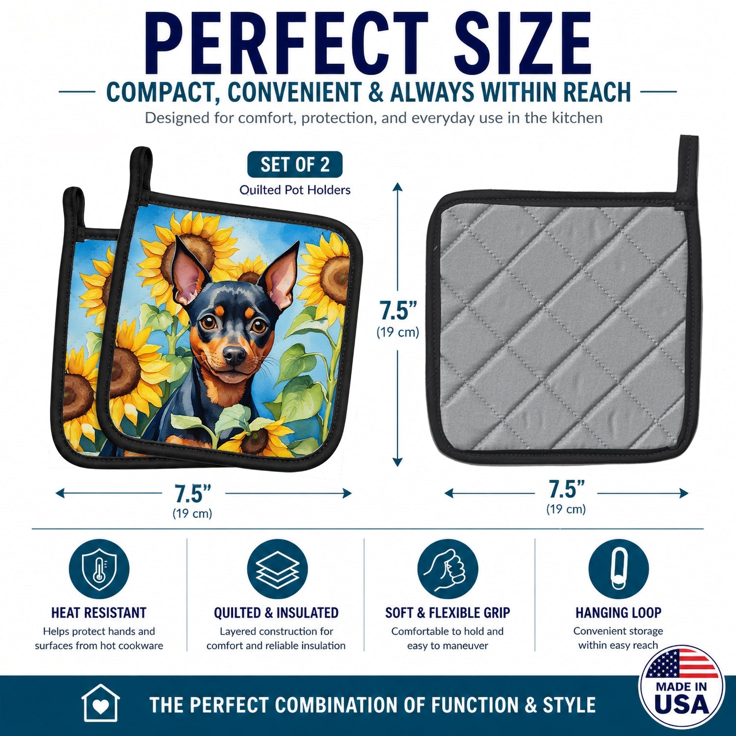 Miniature Pinscher in Sunflowers Pot Holder Set of 2 Heat Resistant Quilted Hot Pads 7.5 x 7.5 Inch, Insulated Kitchen Trivets for Cooking & Baking