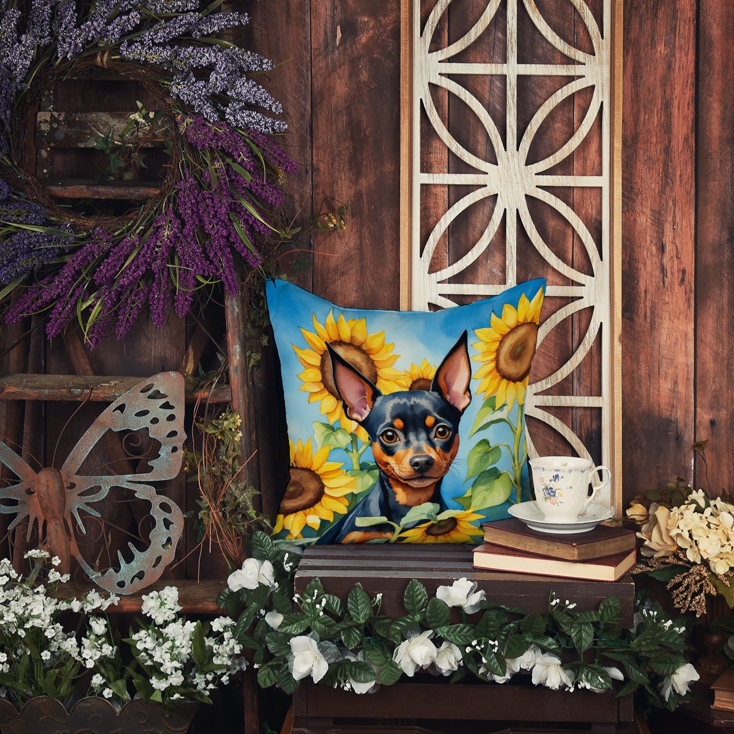 Miniature Pinscher in Sunflowers Decorative Throw Pillow 14x14 Indoor Outdoor Accent Cushion, Fabric Cover with Insert for Sofa, Bed, Porch & Living Room