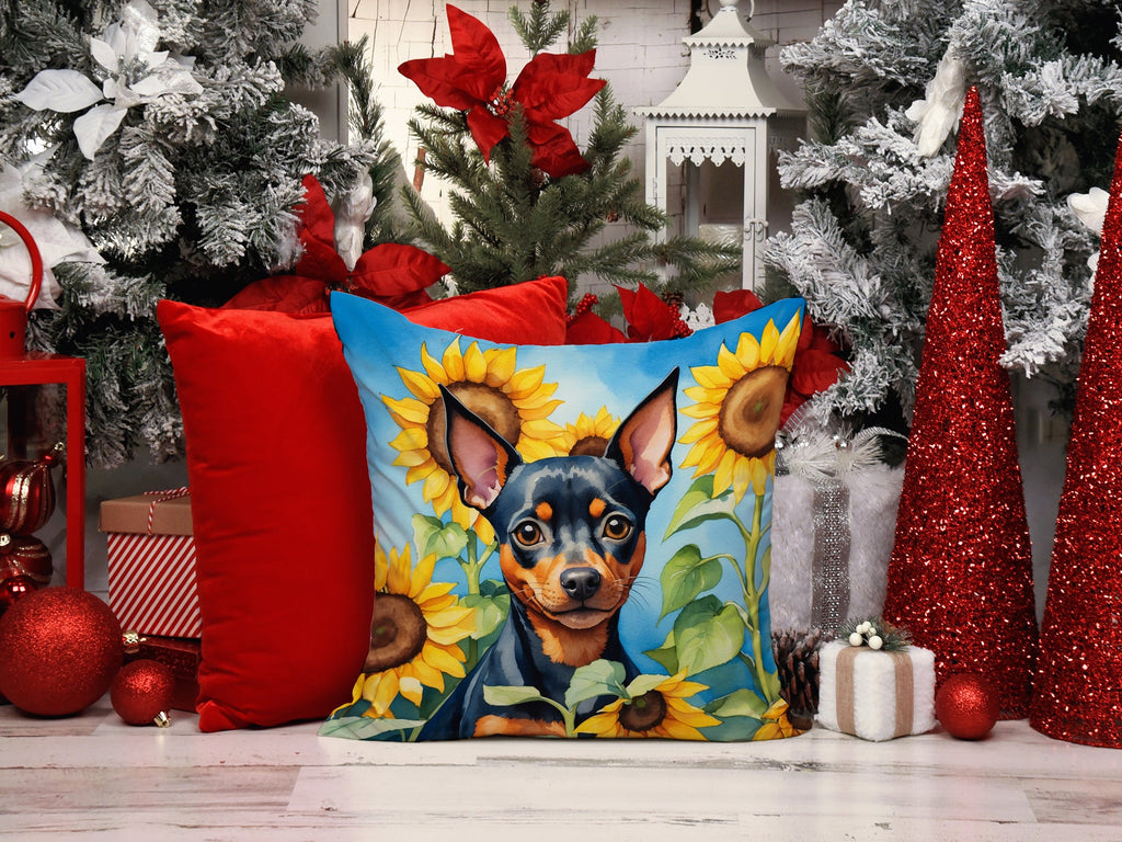 Miniature Pinscher in Sunflowers Decorative Throw Pillow 14x14 Indoor Outdoor Accent Cushion, Fabric Cover with Insert for Sofa, Bed, Porch & Living Room