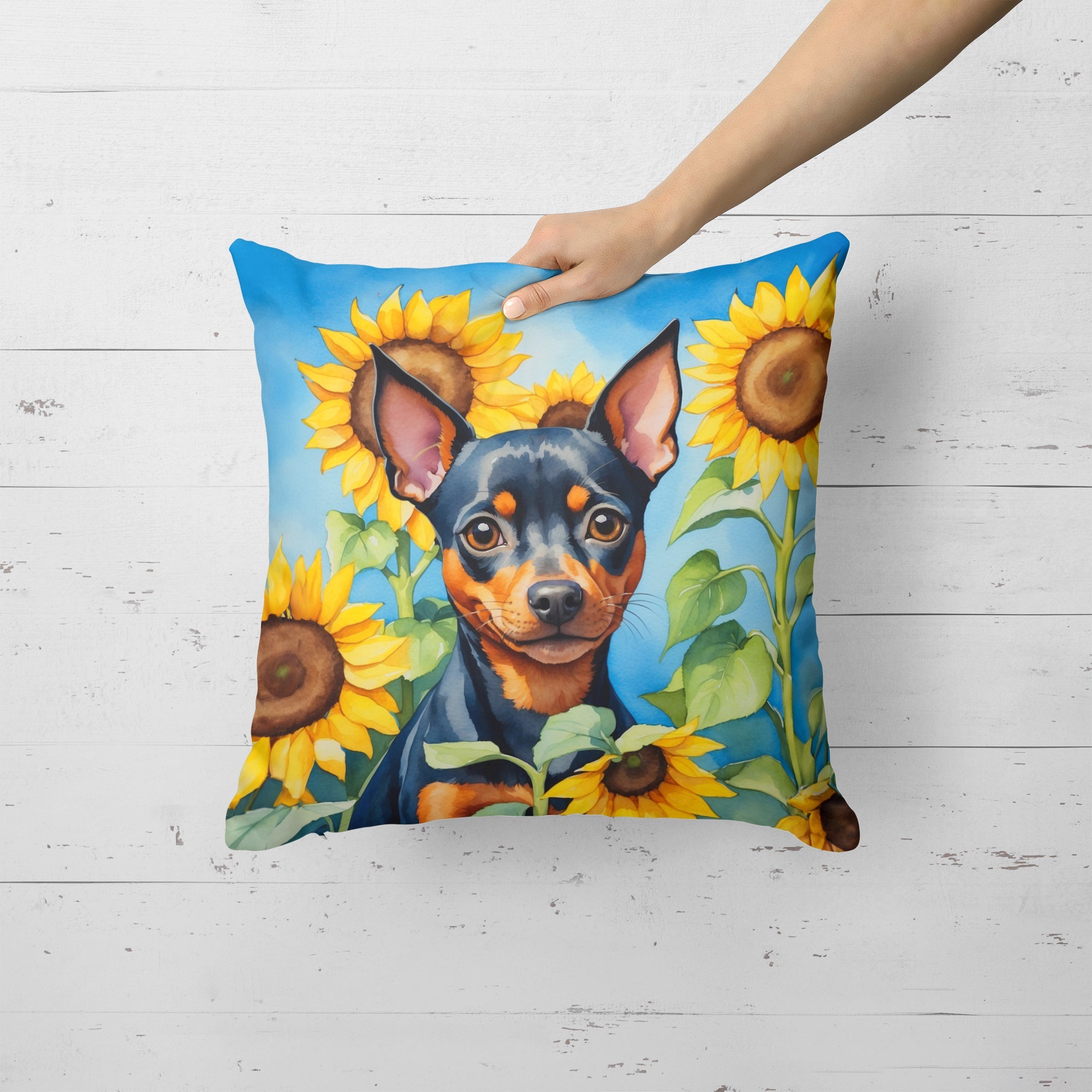 Miniature Pinscher in Sunflowers Decorative Throw Pillow 18x18 Indoor Outdoor Accent Cushion, Fabric Cover with Insert for Sofa, Bed, Porch & Living Room
