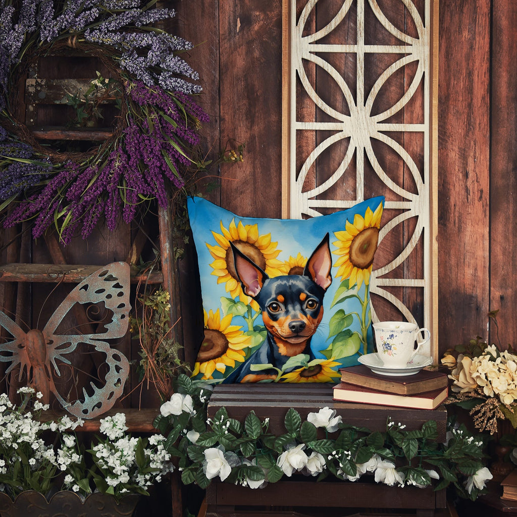 Miniature Pinscher in Sunflowers Decorative Throw Pillow 18x18 Indoor Outdoor Accent Cushion, Fabric Cover with Insert for Sofa, Bed, Porch & Living Room
