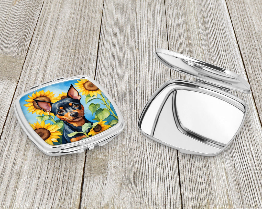 Miniature Pinscher in Sunflowers Compact Mirror Decorative Travel Makeup Mirror for Women Girls Gifts Pocket Makeup Mirror Folding Handheld