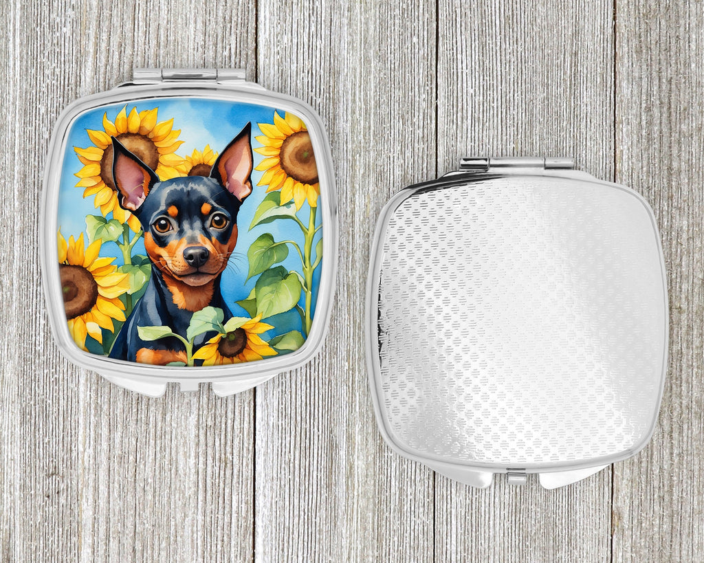 Miniature Pinscher in Sunflowers Compact Mirror Decorative Travel Makeup Mirror for Women Girls Gifts Pocket Makeup Mirror Folding Handheld