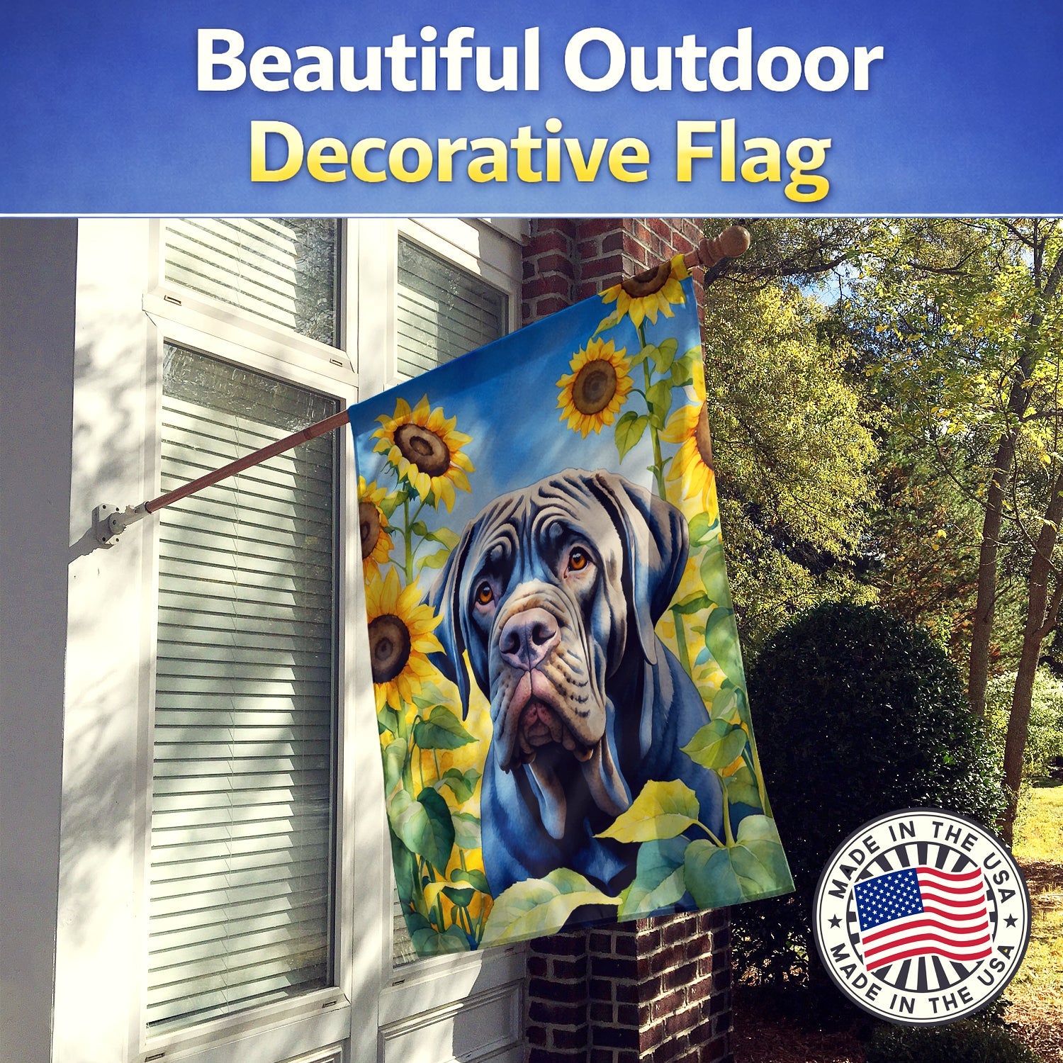 Neapolitan Mastiff in Sunflowers House Flag 28x40 Porch Sleeve Pole Decorative Outside Yard Banner Artwork Wall Hanging, Polyester