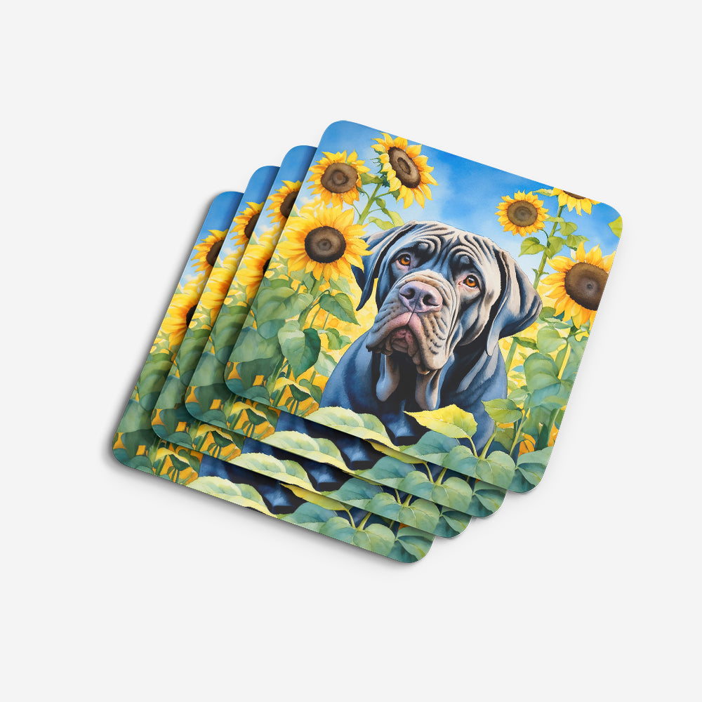 Neapolitan Mastiff in Sunflowers Foam Coasters Set of 4 Cup Coasters for Indoor Outdoor, Tabletop Protection, Anti Slip, Mouse pad Material