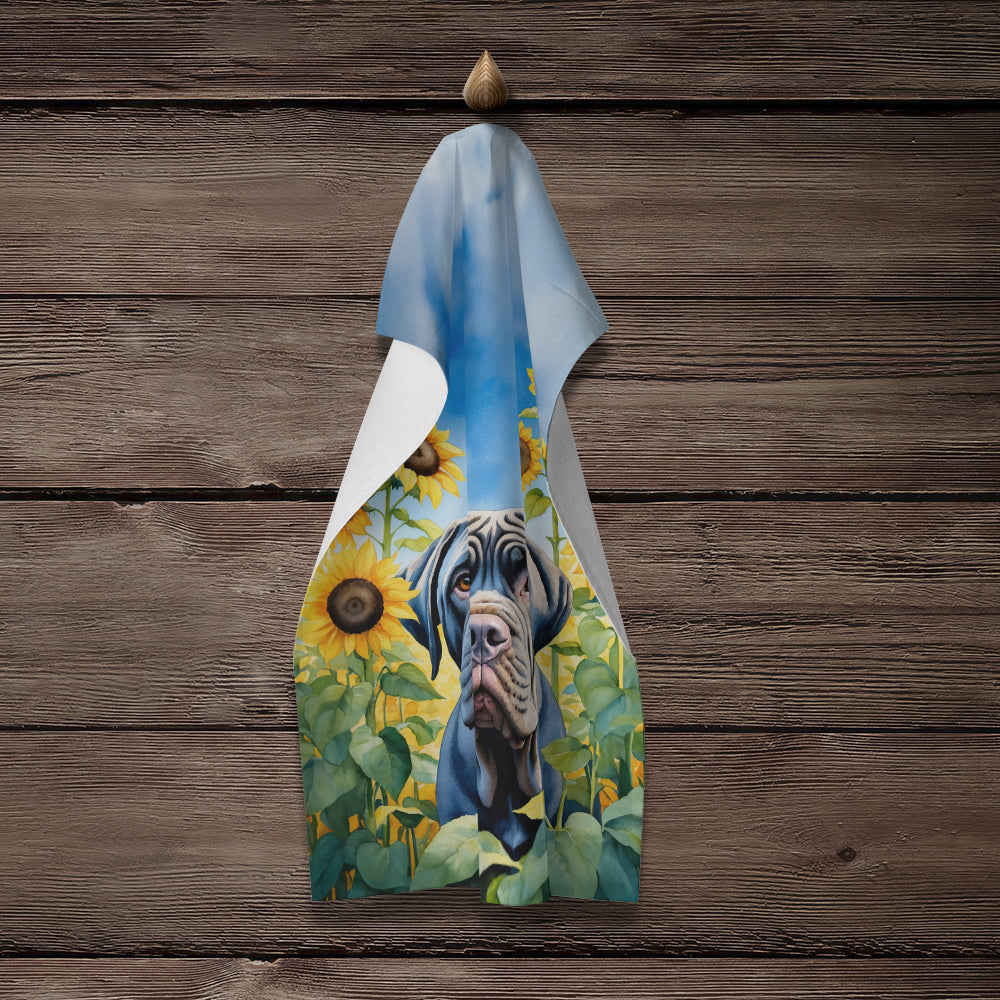 Neapolitan Mastiff in Sunflowers Kitchen Towel Velour Plush Front and Cotton Loop Back Machine Washable