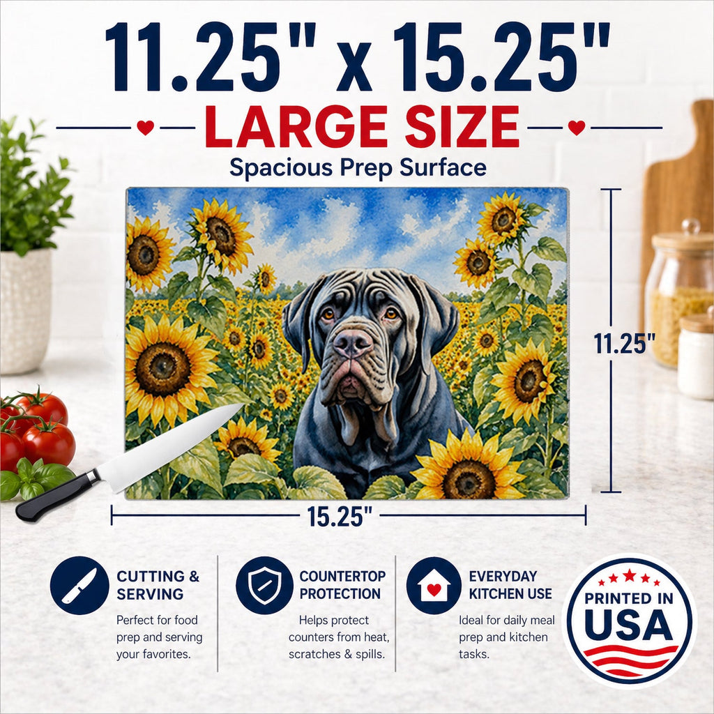 Neapolitan Mastiff in Sunflowers Cutting Board Tempered Glass Kitchen Cutting Surface, Heat Resistant Chopping Board with Non-Slip Feet, Decorative Food Prep & Serving