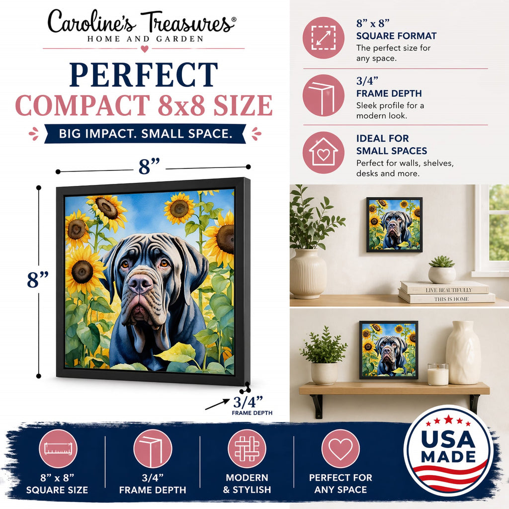 Neapolitan Mastiff in Sunflowers Framed Metal Print Bathroom, Kitchen, Office, Home Decor Wall Art Ready to Hang, Square, 8X8