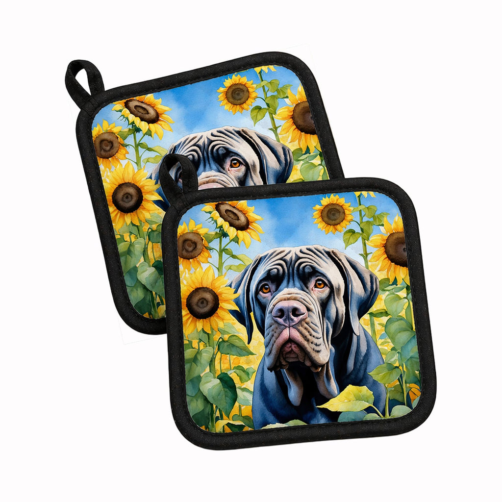 Neapolitan Mastiff in Sunflowers Pot Holder Set of 2 Heat Resistant Quilted Hot Pads 7.5 x 7.5 Inch, Insulated Kitchen Trivets for Cooking & Baking