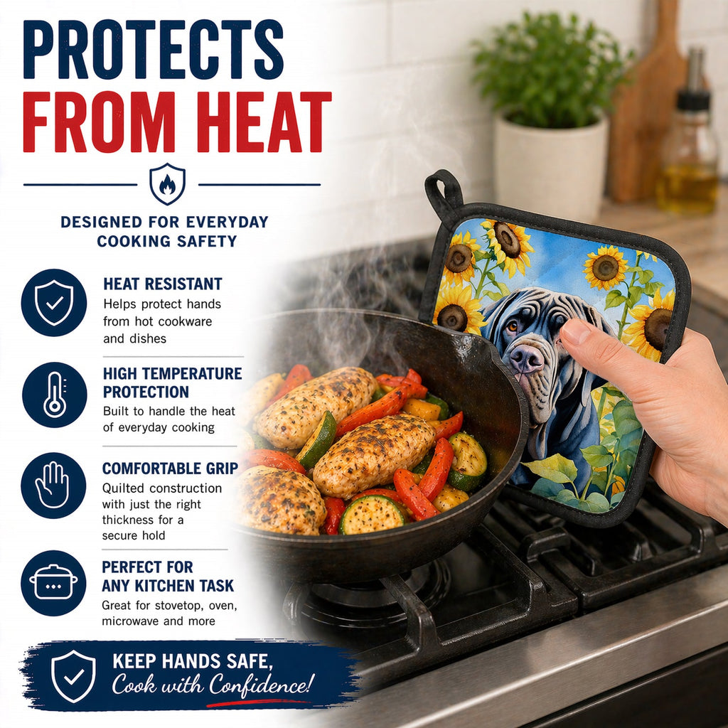 Neapolitan Mastiff in Sunflowers Pot Holder Set of 2 Heat Resistant Quilted Hot Pads 7.5 x 7.5 Inch, Insulated Kitchen Trivets for Cooking & Baking