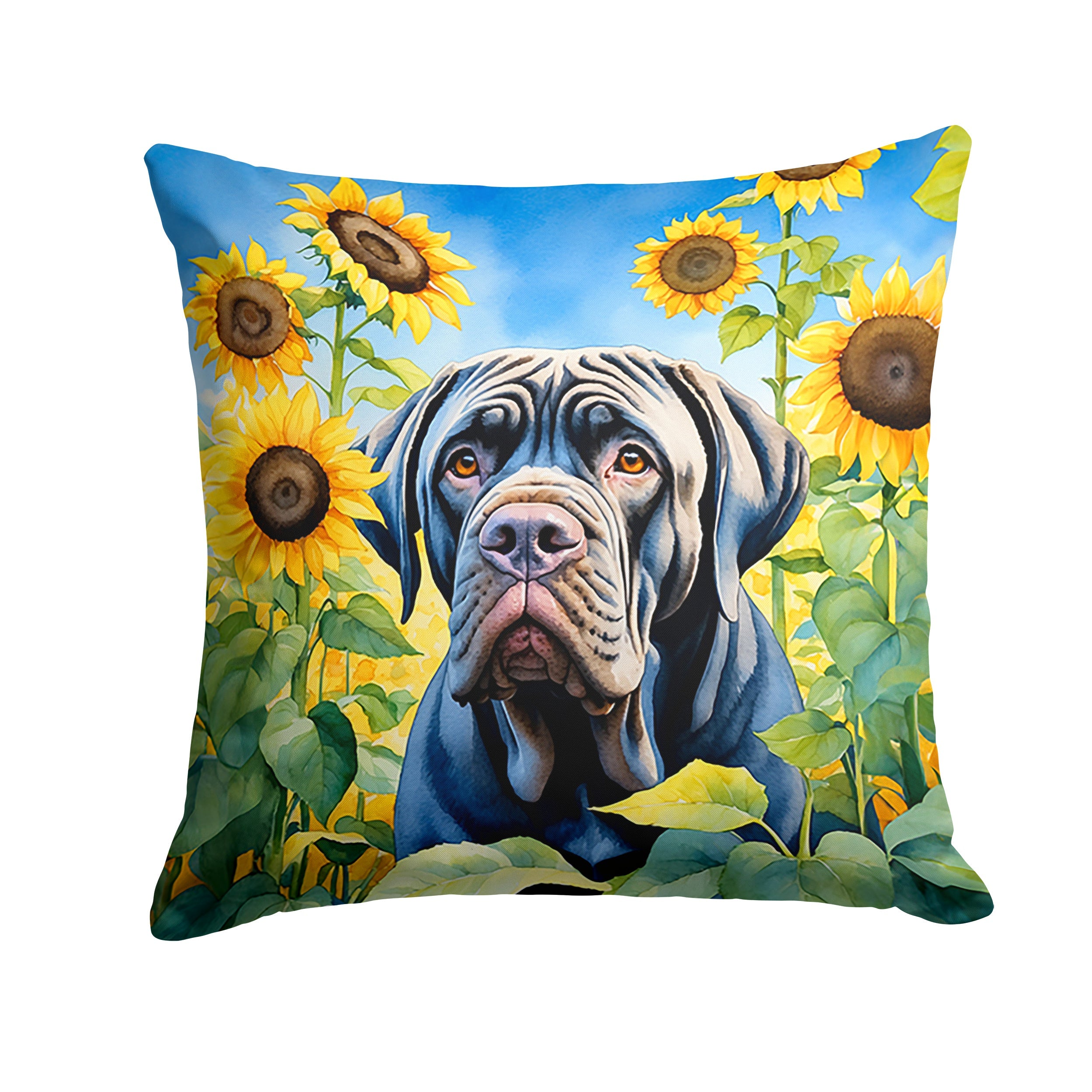 Neapolitan Mastiff in Sunflowers Decorative Throw Pillow 14x14 Indoor Outdoor Accent Cushion, Fabric Cover with Insert for Sofa, Bed, Porch & Living Room