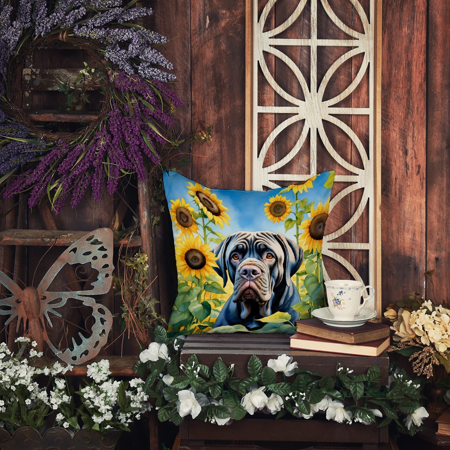 Neapolitan Mastiff in Sunflowers Decorative Throw Pillow 14x14 Indoor Outdoor Accent Cushion, Fabric Cover with Insert for Sofa, Bed, Porch & Living Room