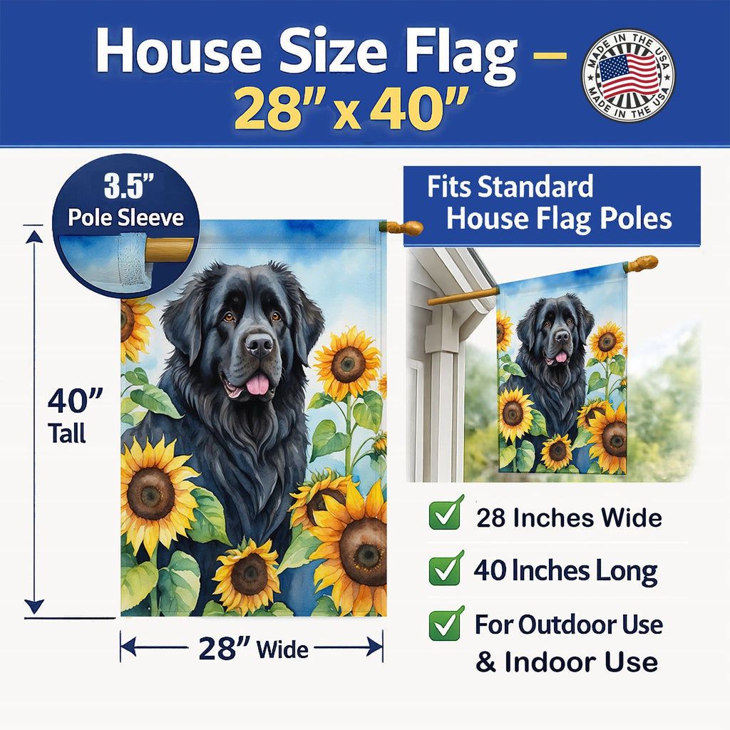 Newfoundland in Sunflowers House Flag 28x40 Porch Sleeve Pole Decorative Outside Yard Banner Artwork Wall Hanging, Polyester