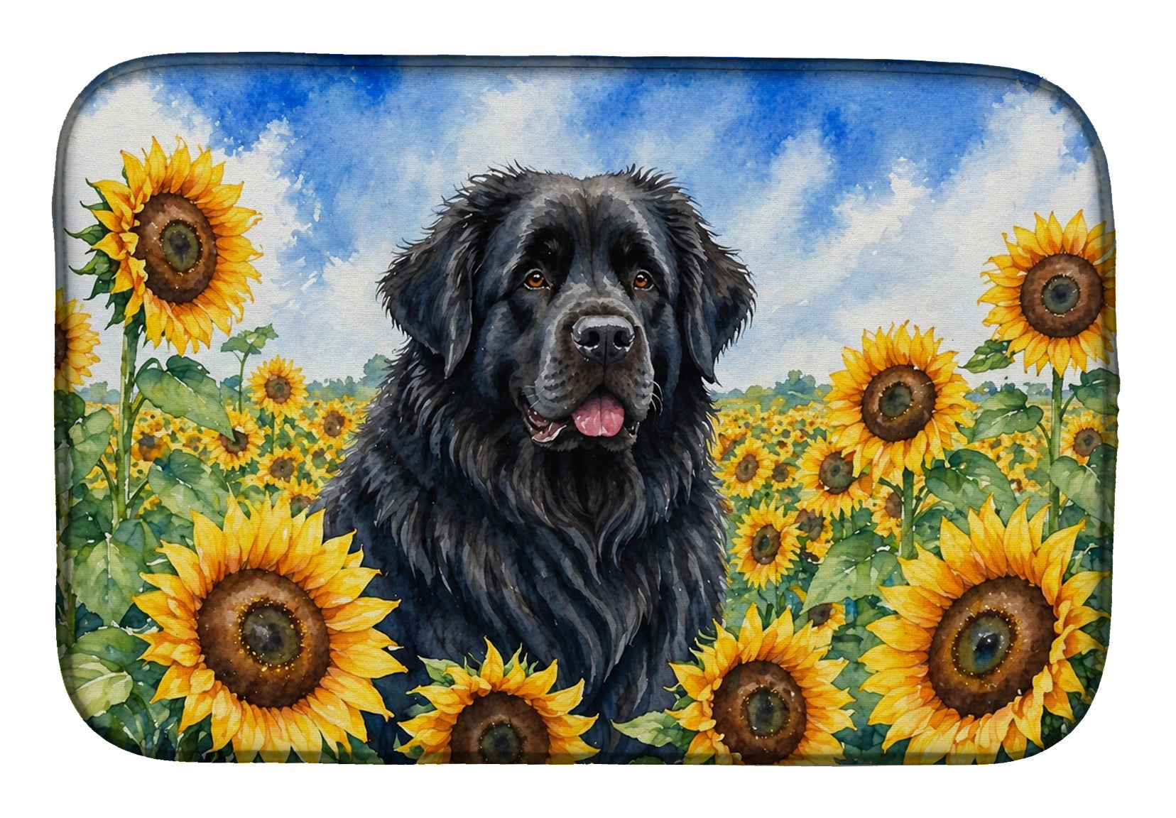Newfoundland in Sunflowers Dish Drying Mat Absorbent Dish Drying Mat Pad for Kitchen Counter Dish Drainer Mat for Countertop, 14 x 21", Multicolor