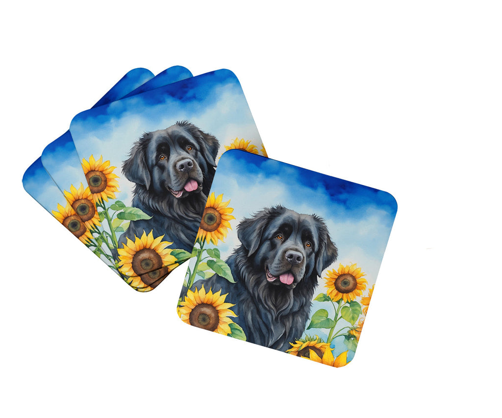 Newfoundland in Sunflowers Foam Coasters Set of 4 Cup Coasters for Indoor Outdoor, Tabletop Protection, Anti Slip, Mouse pad Material