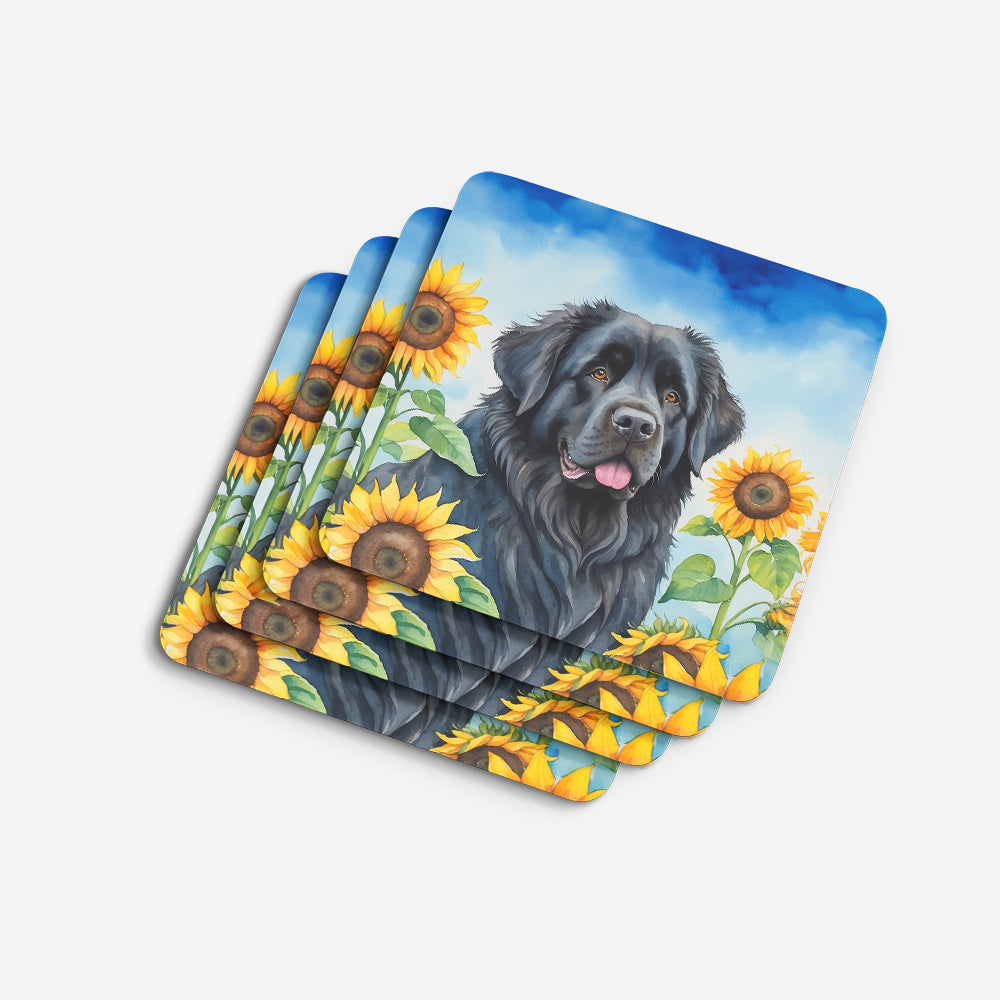 Newfoundland in Sunflowers Foam Coasters Set of 4 Cup Coasters for Indoor Outdoor, Tabletop Protection, Anti Slip, Mouse pad Material