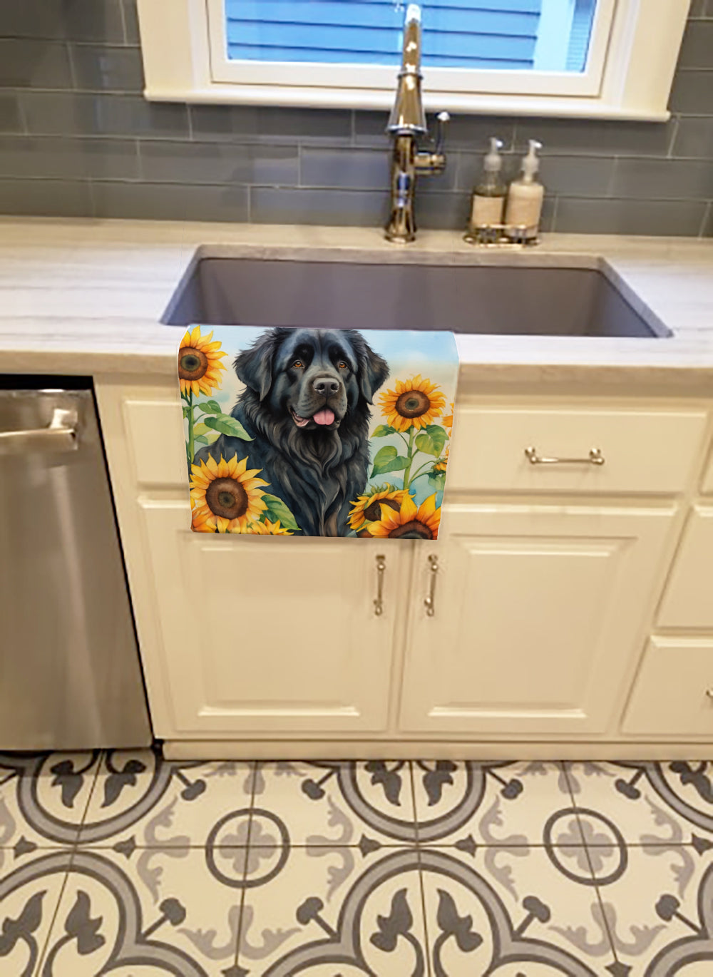 Newfoundland in Sunflowers Kitchen Towel Velour Plush Front and Cotton Loop Back Machine Washable