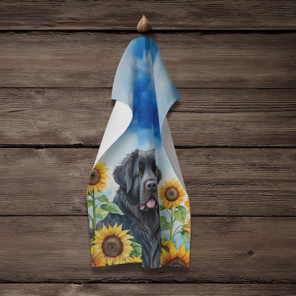 Newfoundland in Sunflowers Kitchen Towel Velour Plush Front and Cotton Loop Back Machine Washable