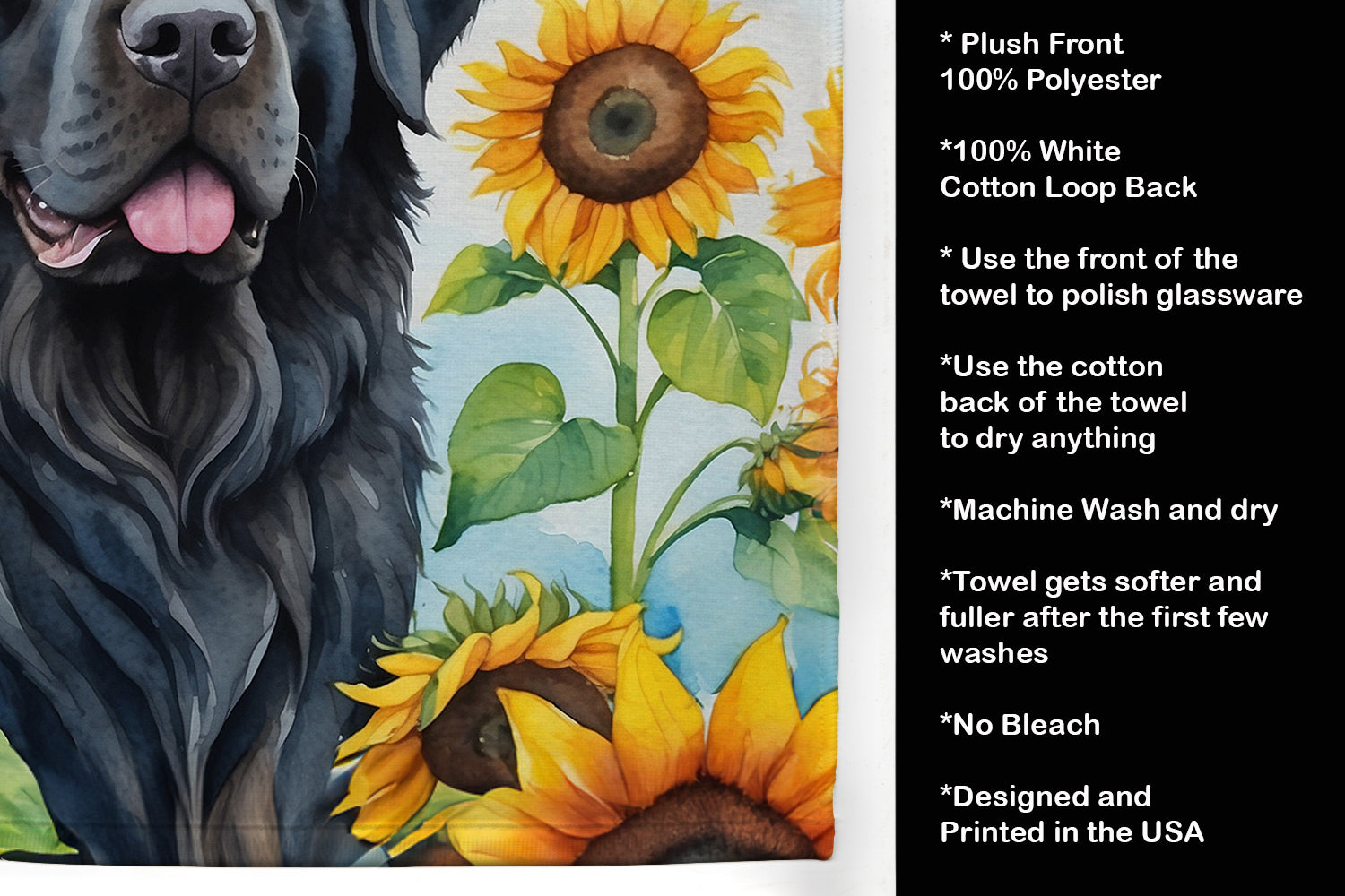 Newfoundland in Sunflowers Kitchen Towel Velour Plush Front and Cotton Loop Back Machine Washable