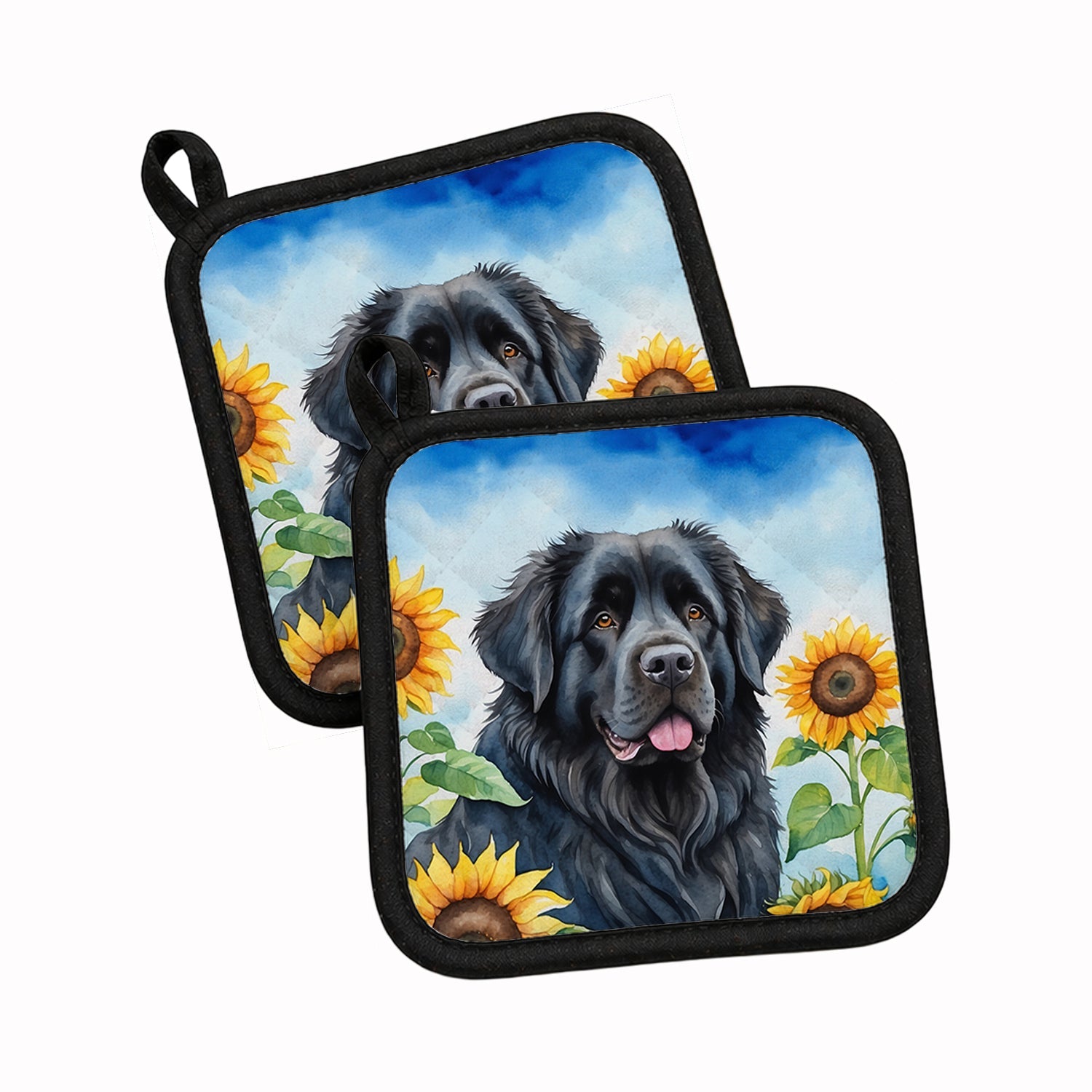 Newfoundland in Sunflowers Pot Holder Set of 2 Heat Resistant Quilted Hot Pads 7.5 x 7.5 Inch, Insulated Kitchen Trivets for Cooking & Baking