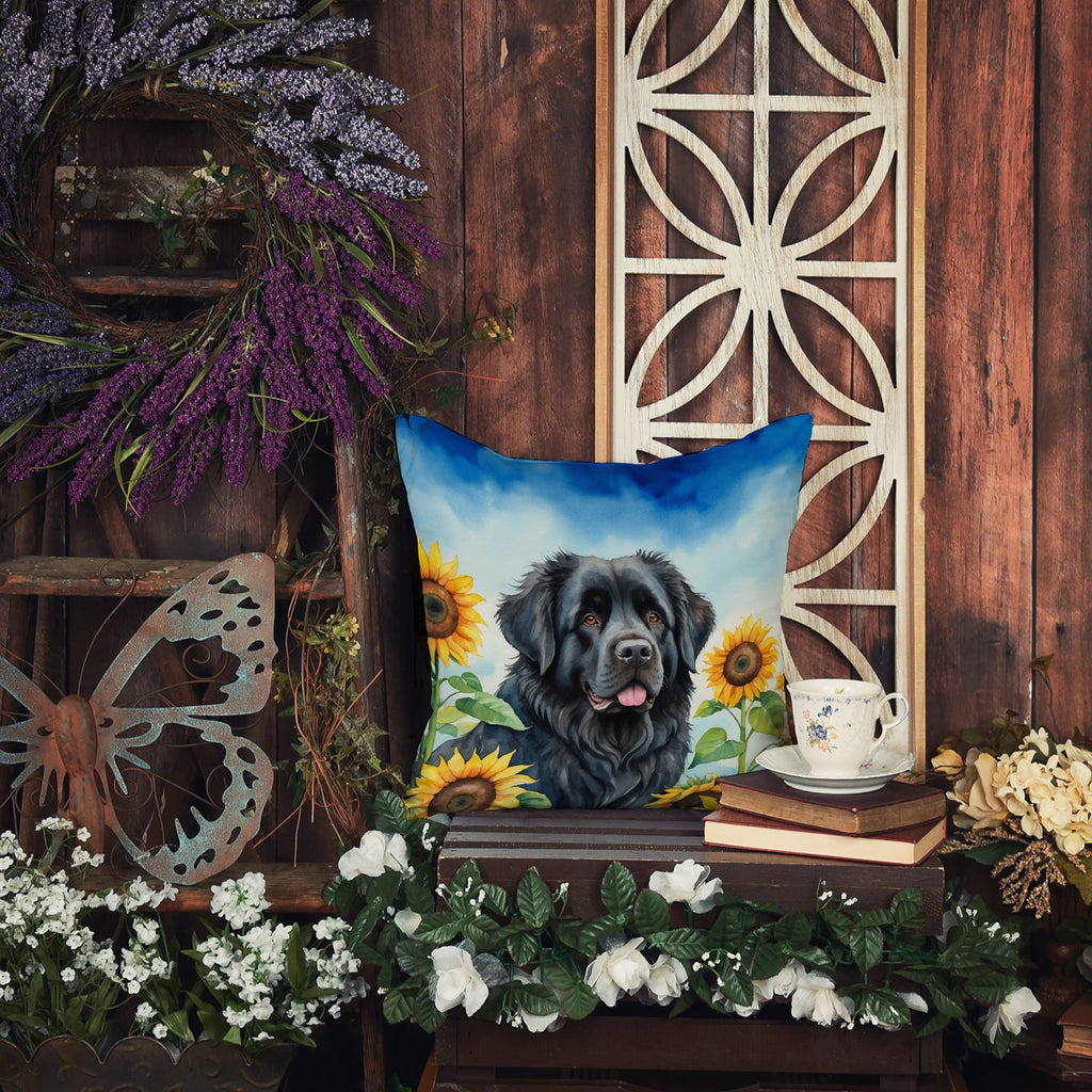 Newfoundland in Sunflowers Decorative Throw Pillow 14x14 Indoor Outdoor Accent Cushion, Fabric Cover with Insert for Sofa, Bed, Porch & Living Room