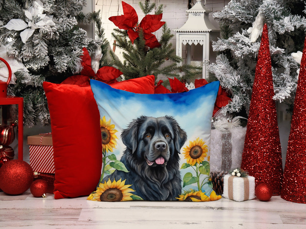 Newfoundland in Sunflowers Decorative Throw Pillow 14x14 Indoor Outdoor Accent Cushion, Fabric Cover with Insert for Sofa, Bed, Porch & Living Room