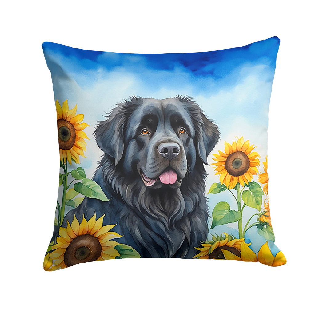 Newfoundland in Sunflowers Decorative Throw Pillow 18x18 Indoor Outdoor Accent Cushion, Fabric Cover with Insert for Sofa, Bed, Porch & Living Room