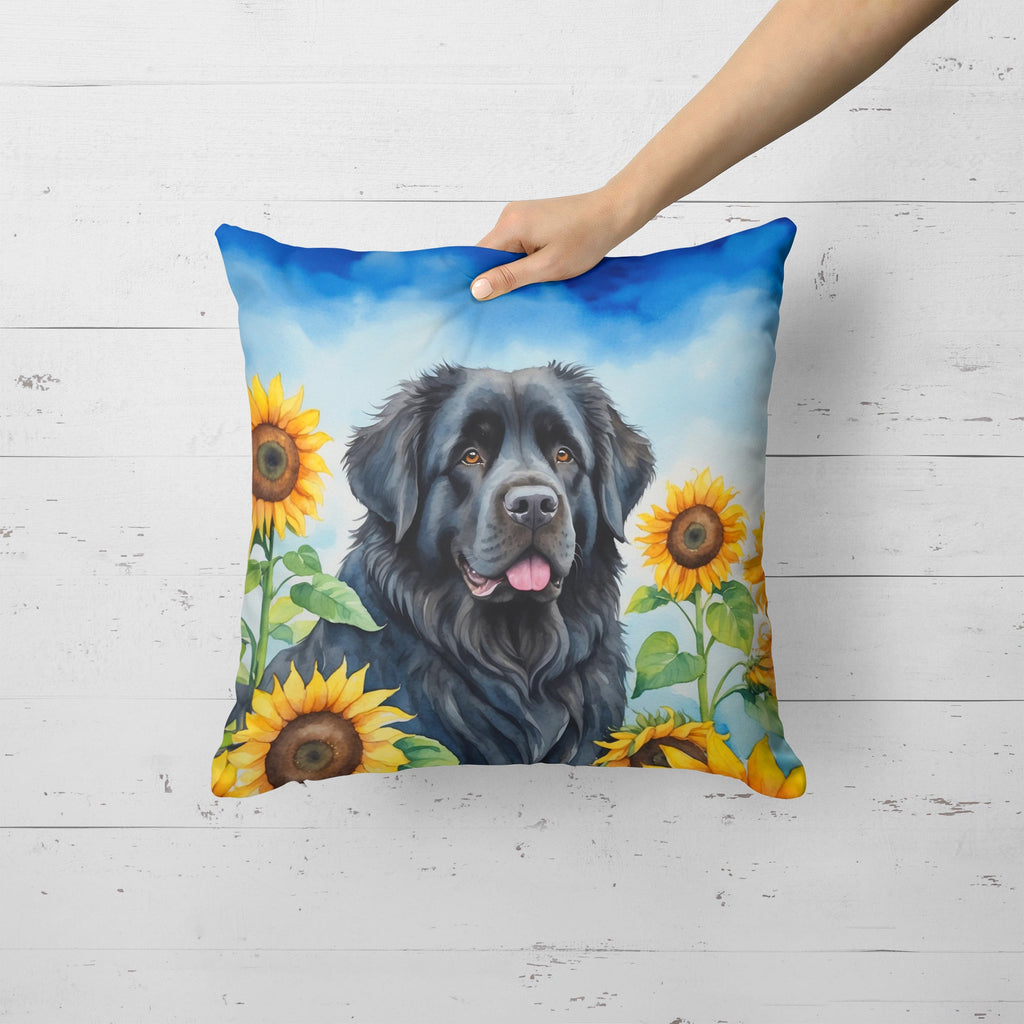 Newfoundland in Sunflowers Decorative Throw Pillow 18x18 Indoor Outdoor Accent Cushion, Fabric Cover with Insert for Sofa, Bed, Porch & Living Room