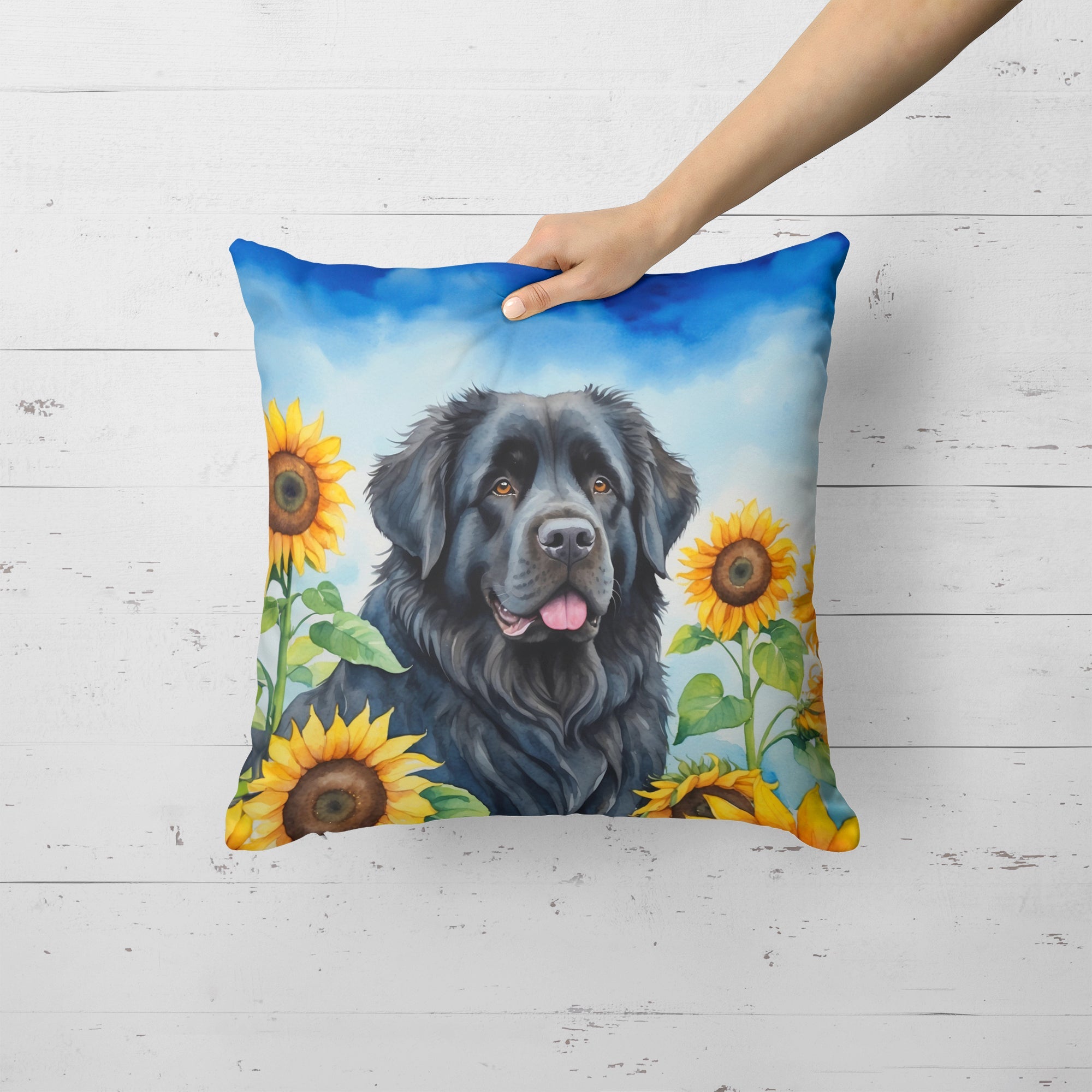 Newfoundland in Sunflowers Decorative Throw Pillow 18x18 Indoor Outdoor Accent Cushion, Fabric Cover with Insert for Sofa, Bed, Porch & Living Room