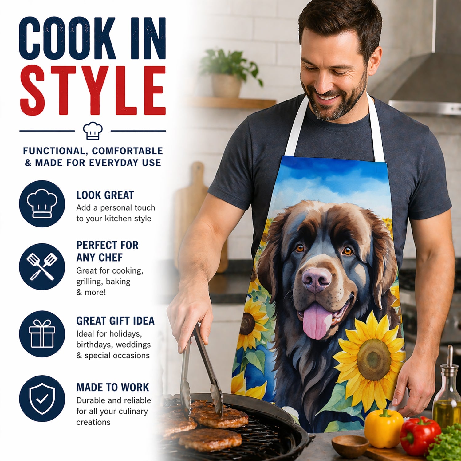 Newfoundland in Sunflowers Apron Cooking Kitchen Server Baking Crafts Gardening for Adult Women Men, Unisex, Large, Multicolor