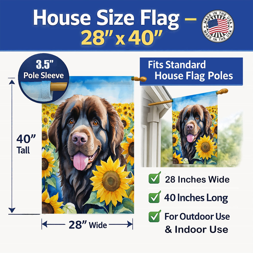 Newfoundland in Sunflowers House Flag 28x40 Porch Sleeve Pole Decorative Outside Yard Banner Artwork Wall Hanging, Polyester