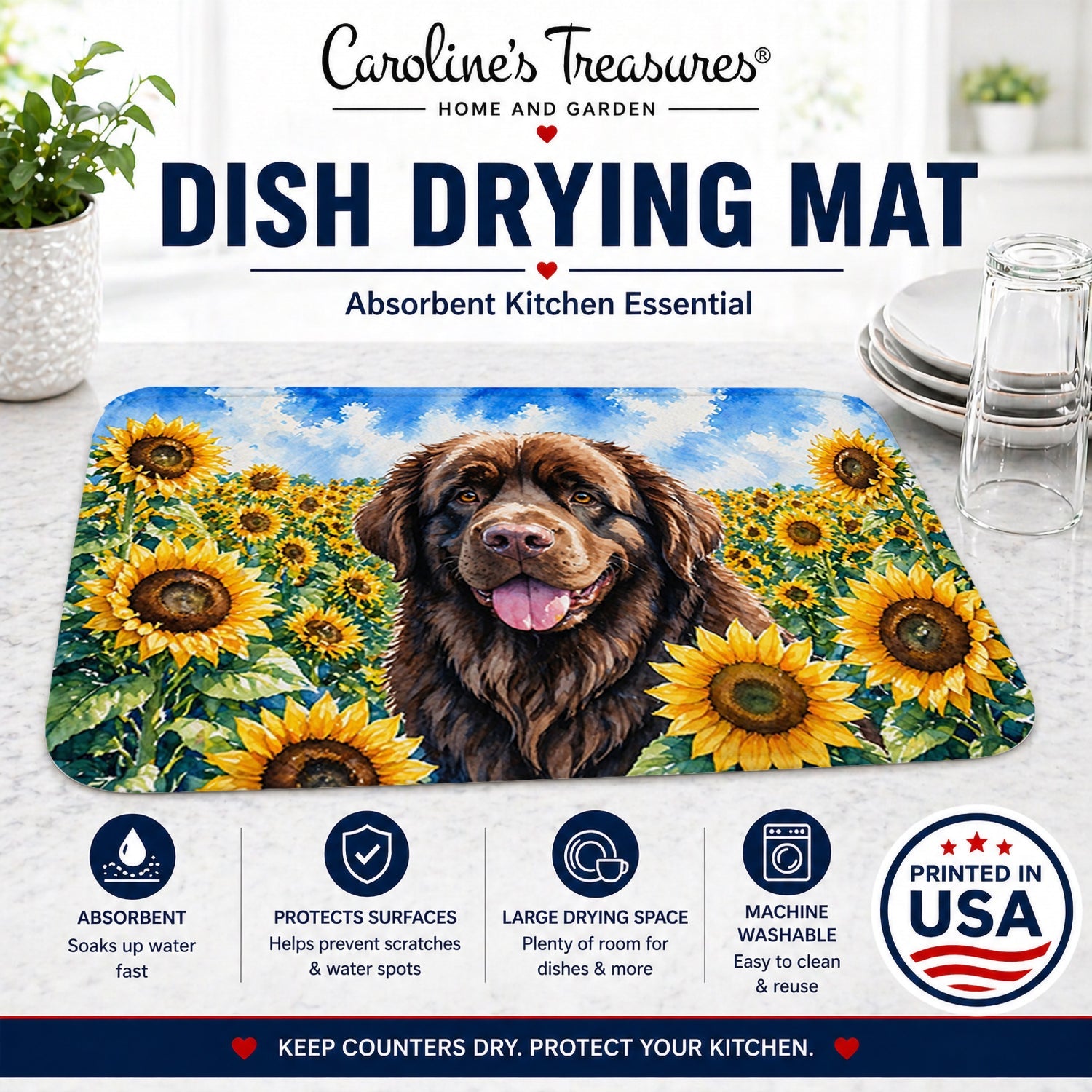 Newfoundland in Sunflowers Dish Drying Mat Absorbent Dish Drying Mat Pad for Kitchen Counter Dish Drainer Mat for Countertop, 14 x 21", Multicolor
