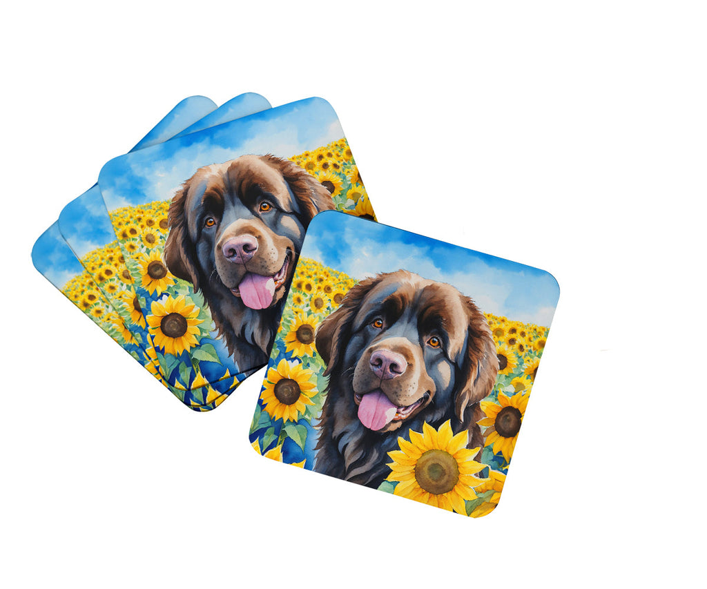 Newfoundland in Sunflowers Foam Coasters Set of 4 Cup Coasters for Indoor Outdoor, Tabletop Protection, Anti Slip, Mouse pad Material