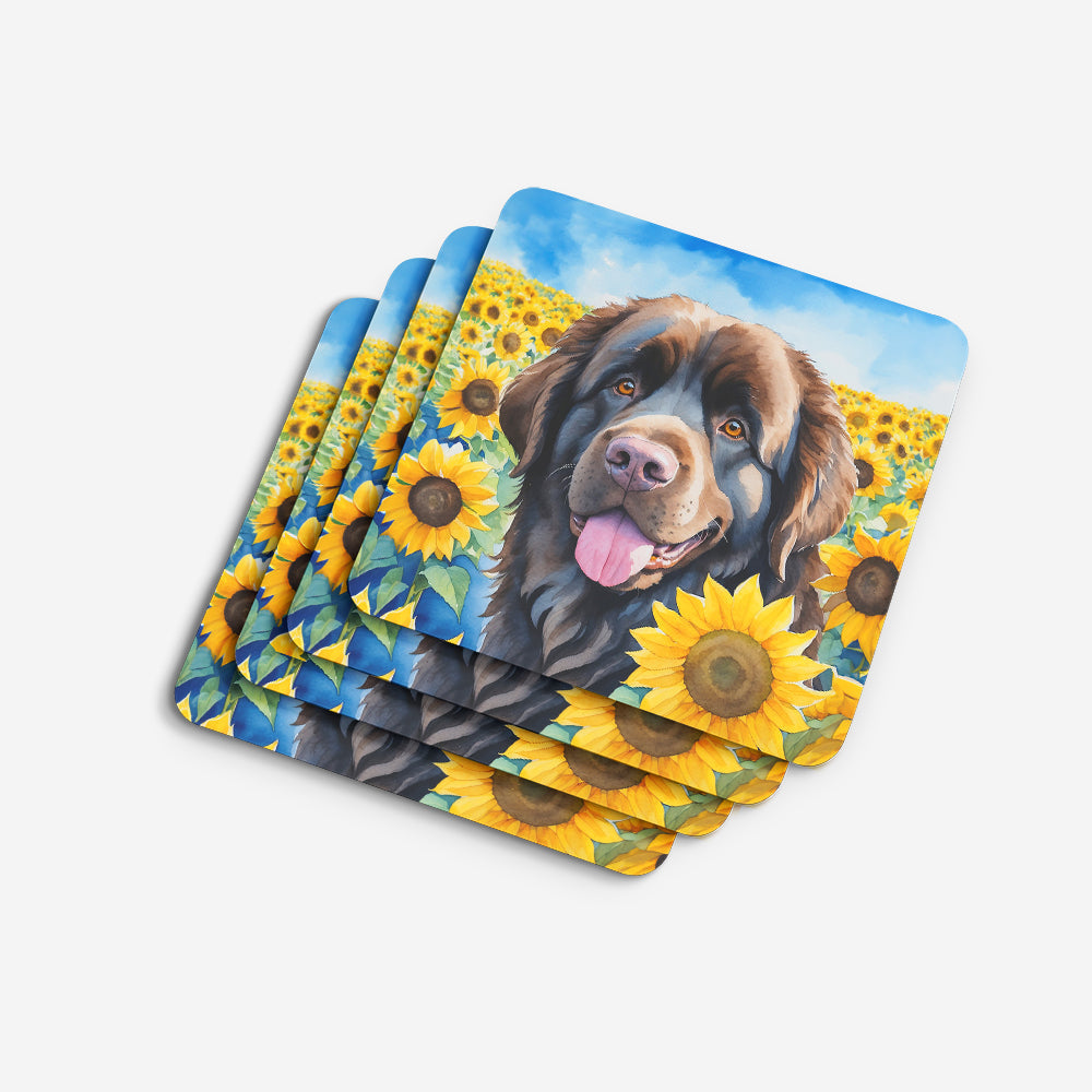 Newfoundland in Sunflowers Foam Coasters Set of 4 Cup Coasters for Indoor Outdoor, Tabletop Protection, Anti Slip, Mouse pad Material