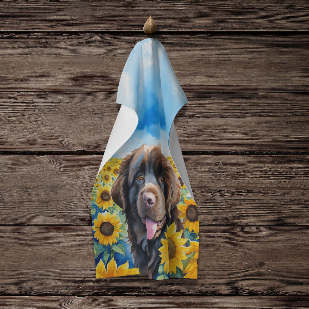 Newfoundland in Sunflowers Kitchen Towel Velour Plush Front and Cotton Loop Back Machine Washable