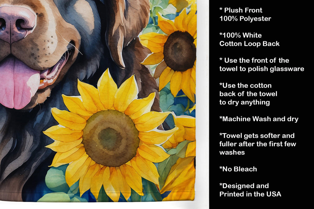Newfoundland in Sunflowers Kitchen Towel Velour Plush Front and Cotton Loop Back Machine Washable