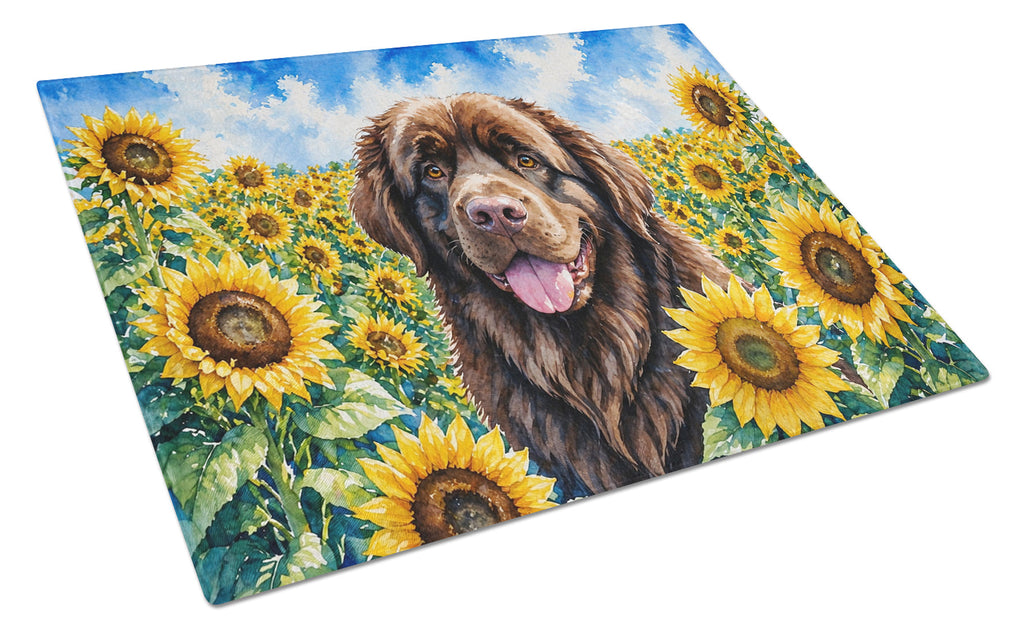Newfoundland in Sunflowers Cutting Board Tempered Glass Kitchen Cutting Surface, Heat Resistant Chopping Board with Non-Slip Feet, Decorative Food Prep & Serving
