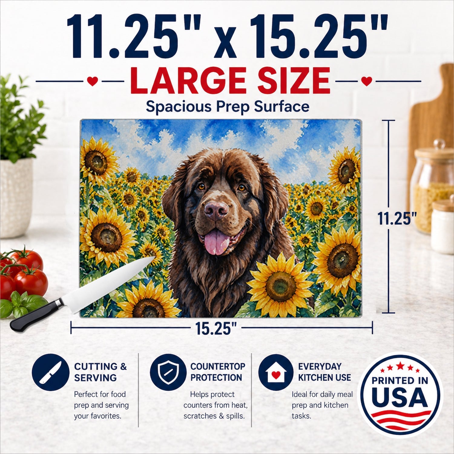 Newfoundland in Sunflowers Cutting Board Tempered Glass Kitchen Cutting Surface, Heat Resistant Chopping Board with Non-Slip Feet, Decorative Food Prep & Serving